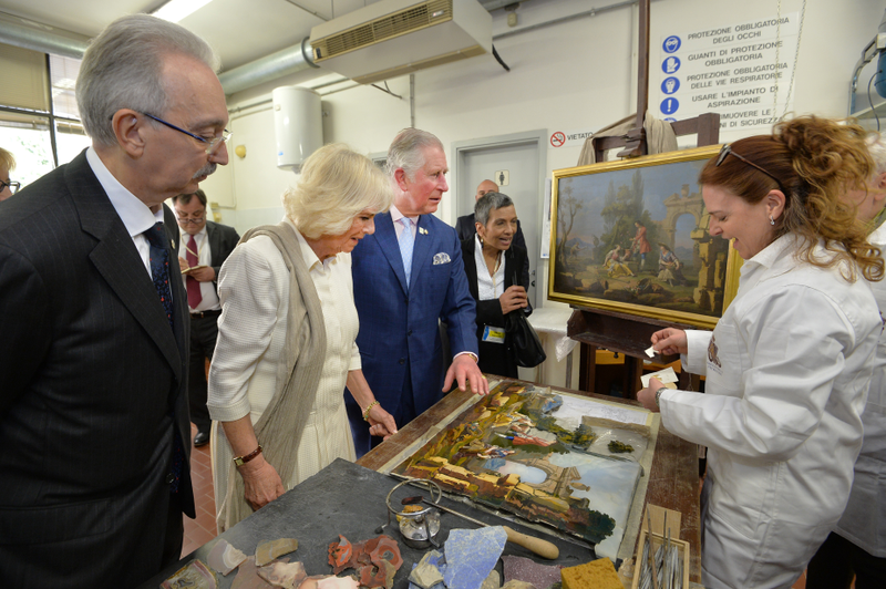 Prince Charles, Prince of Wales and Camilla, Duchess of Cornwall visit an art restoration workshop Opificio delle Pietre Dure e Laboratori di Restauro during day 4 of their visit to Italy, on April 3 in Florence.